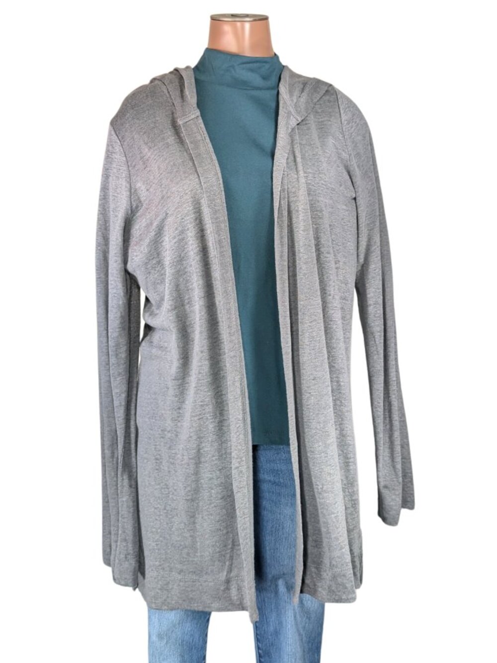 Tahari Large Gray Linen Open Front Hoodie Lightweight Long Cardigan